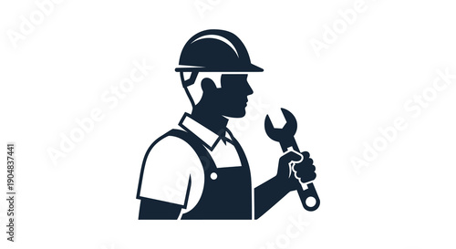A stylized silhouette depicts a construction worker holding a wrench symbolizing skilled labor and industrial professions high quality
