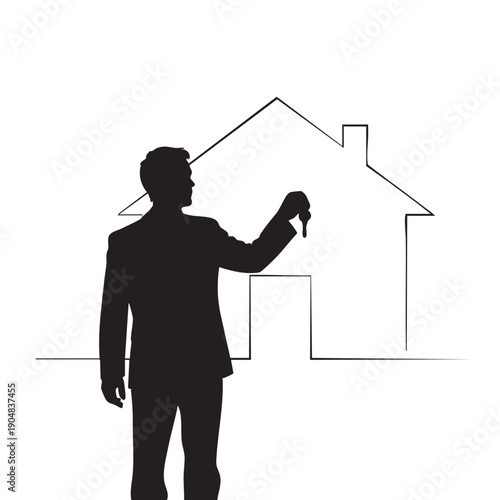 Real estate agent holding house key silhouette against outline of residential home symbol for property sales mortgage services investment home ownership real estate professional presenting new house