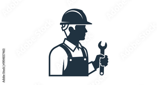 A stylized dark blue silhouette depicts a construction worker holding a wrench representing skilled trades and manual labor