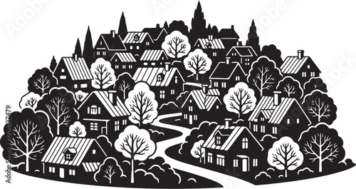 Black and white illustration of a small village landscape