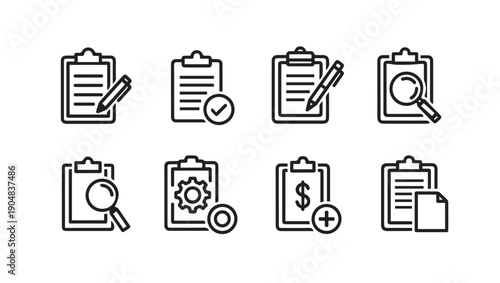 Clipboard Icon Set: Checklist, Pen, Search, Gear, Money, Document Icons