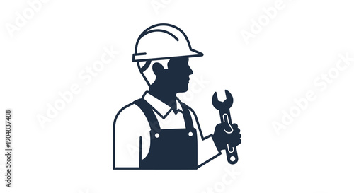 A stylized silhouette depicts a construction worker holding a wrench wearing a hard hat and overalls high quality