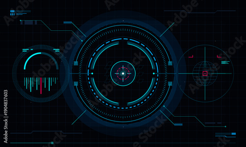 This futuristic digital interface features circular gauges, crosshairs, and data visualization elements on a dark grid background with blue and red accents.