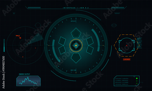 This futuristic digital heads-up display interface features a central targeting reticle, circular radar, energy output graph, and binary data on a dark background.