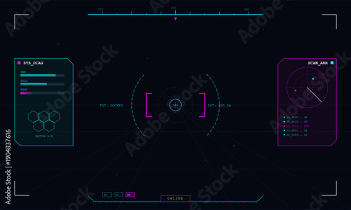 A futuristic heads-up display interface featuring a central targeting reticle, system diagnostics, and a radar scan array in vibrant cyan and magenta colors on a dark background.