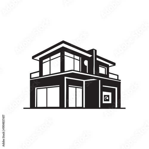 Modern luxury house silhouette with contemporary architectural design featuring large glass windows balconies and geometric shapes for real estate branding premium property listings and construction