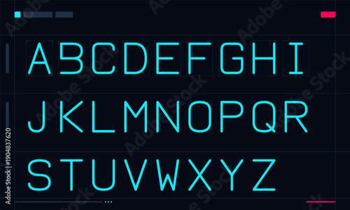 A complete set of uppercase English alphabet letters displayed in a futuristic neon cyan font against a dark background with subtle grid lines and digital interface elements.