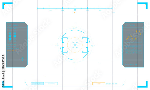 A futuristic digital crosshair interface with cyan and yellow concentric circles, brackets, and technical markings on a white background. It features a central dot and horizontal axis.