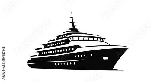 A striking black and white silhouette depicts a large luxurious cruise ship sailing on calm waters high quality