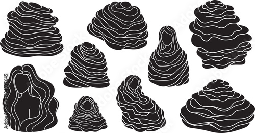 Black and white illustration of various piles of poop