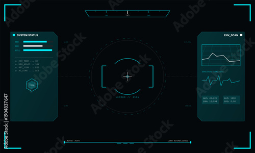 This futuristic digital HUD interface shows system status, environmental scanning data, and a central targeting reticle with cyan graphics on a dark background.