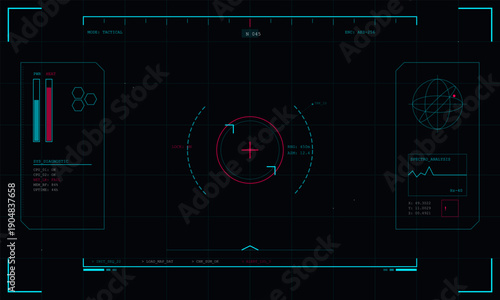 A futuristic tactical head-up display interface featuring a central crosshair, data readouts, and system diagnostics in cyan and red colors on a dark grid background.