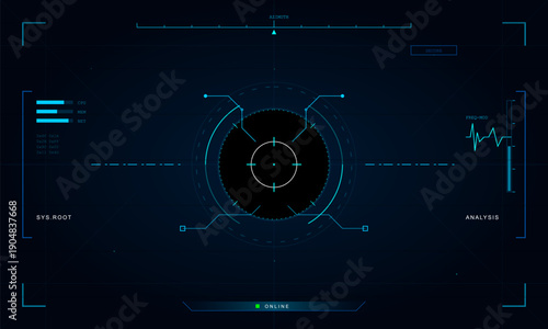 A futuristic digital HUD interface featuring a central circular reticle, data visualization bars, and various technical text elements on a dark blue background.