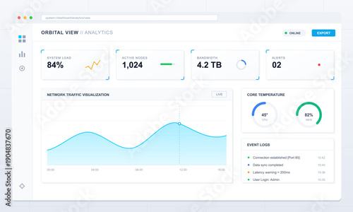 A clean digital dashboard interface displaying system analytics including network traffic visualization, system load, active nodes, bandwidth, core temperature, and event logs.