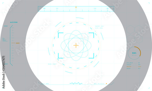 A futuristic digital scanning interface with a central orange crosshair and overlapping light blue orbital ellipses on a white grid background showing target acquisition data.
