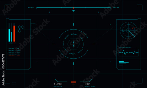 A futuristic heads-up display interface featuring a central crosshair, radar, spectral analysis, and flight data like altitude and velocity on a dark grid background.