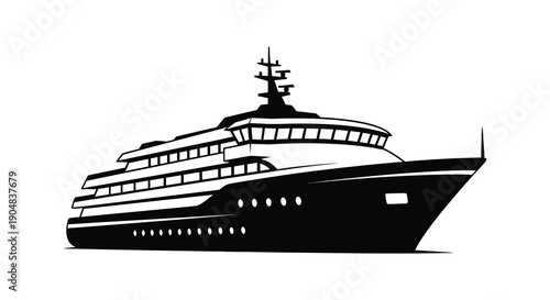 A sleek black and white illustration depicts a large cruise ship sailing on calm waters showcasing its luxury high quality