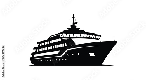 A striking black silhouette depicts a large cruise ship at sea showcasing its multiple decks and streamlined design