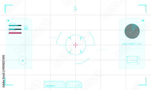 A digital hud interface featuring a cyan circular reticle with a red crosshair in the center. The screen shows target lock status and distance measurements on a white background.