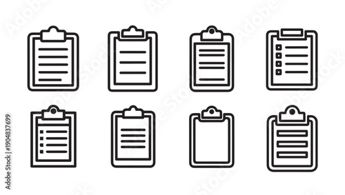 Clipboard Icons Set with Different Lines and Checkmarks, Simple Graphic Design