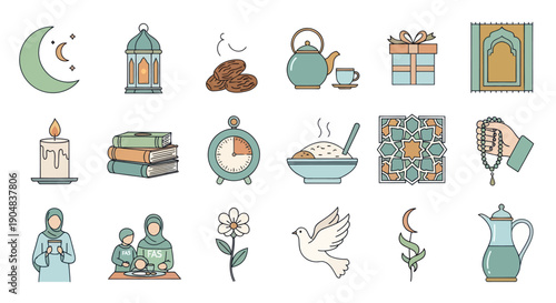 Ramadan Icons Set: Moon, Lantern, Dates, Tea, Gift, Prayer Mat, Candle, Books, Clock, Food, Pattern, Beads, Hijab, Flower, Dove