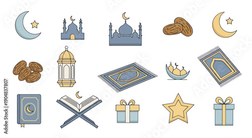 Ramadan Islamic Icons Set: Moon, Mosque, Dates, Lantern, Prayer Mat, Quran, Gifts
