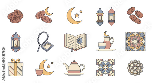 Ramadan Icons Set: Dates, Lanterns, Quran, Prayer Beads, Crescent Moon, Gift, Tea Set