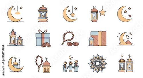 Ramadan Icons Set: Moon, Lanterns, Mosque, Dates, Gift, Rosary, People, Mandala