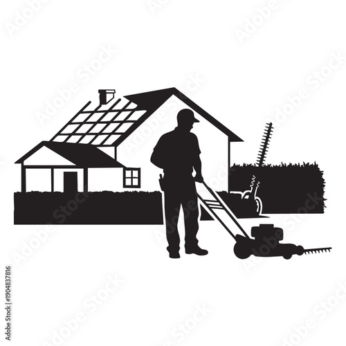 Gardener mowing lawn and trimming hedges with power tools in front of a residential house with solar panels