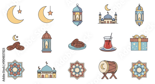 Ramadan Icons Set: Crescent Moon, Lanterns, Mosque, Dates, Gift, Drum, Tea, Geometric Patterns
