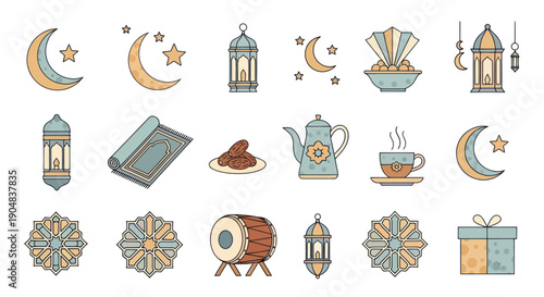 Ramadan Kareem Icons: Crescent Moon, Lanterns, Prayer Mat, Dates, Tea, Drum, Gift