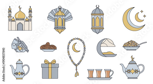 Ramadan Icons Set: Mosque, Lanterns, Moon, Dates, Prayer Beads, Gifts, Teapot