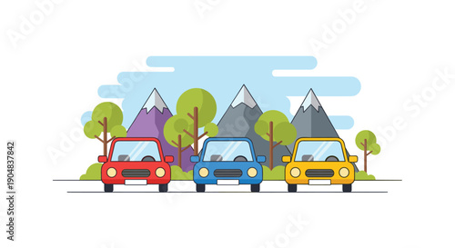 Colorful flat design cars driving on a road with stylized mountains and trees, illustrating cheerful travel and