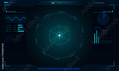 A futuristic digital head-up display interface featuring a central 3D wireframe cube, radar terrain scan, system diagnostics, and real-time data monitoring on a dark blue background.