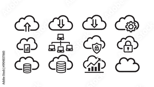 Cloud Computing Icons Set: Data Storage, Security, Analytics, Network, Upload, Download