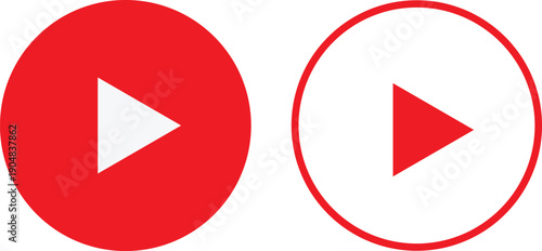 Red Play Button Icon Set with Solid and Outline Circle Style for Media and Video Interface