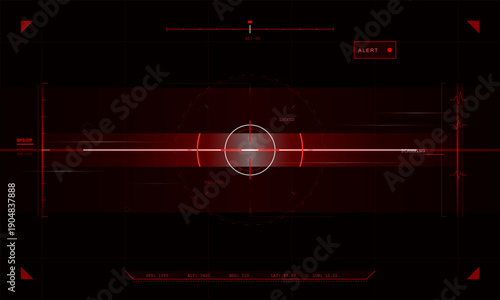 A futuristic red head-up display interface featuring a central targeting crosshair, telemetry data, and alert notifications on a dark background for a sci-fi or military theme.