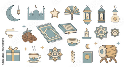 Ramadan Kareem Icons: Mosque, Moon, Lanterns, Dates, Prayer Mat, Quran, Coffee, Gift
