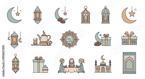 Ramadan Kareem flat illustration set: moon, lanterns, mosque, gifts, family, dates, tea