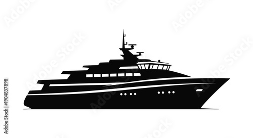 A sleek black silhouette depicts a large modern yacht at sea showcasing its luxurious design and structure