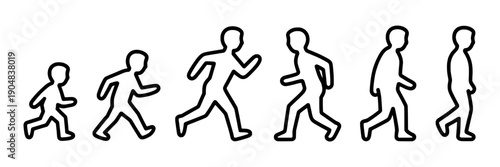 Walking people outline set with six stick figure silhouettes showing motion from child to adult, minimal black line doodle icons for population, growth and lifestyle concepts