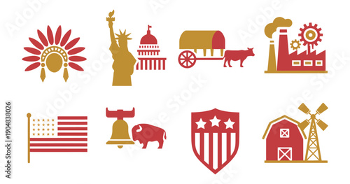 USA Icons vector illustrations of American flag, liberty, capitol building, pioneer wagon, buffalo, shield emblem, barn, windmill, and traditional headdress.