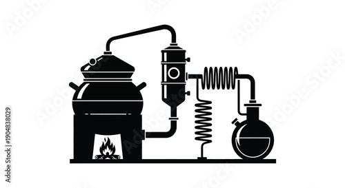 A detailed black and white illustration depicts a classic alembic still used for distilling liquids showcasing its components