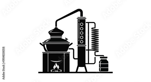 An illustration depicts a vintage alchemy still featuring a pot condenser and glassware suggesting traditional distillation high quality