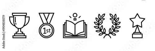 Awards line icon set with trophy cup, first place medal, open book badge, laurel wreath and star podium symbols for achievement, education, ranking and success