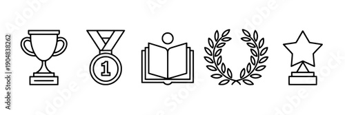 Award icons outline set with trophy cup, first place medal, open book education symbol, laurel wreath victory badge and star podium reward pictograms vector