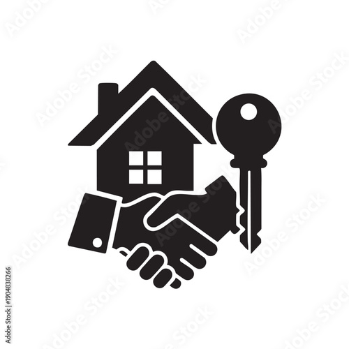 Real estate handshake deal symbol representing successful property sale agreement between buyer and seller with house silhouette and large key icon for mortgage loan approval or residential business