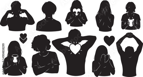 Silhouettes of people showing love and affection in various ways