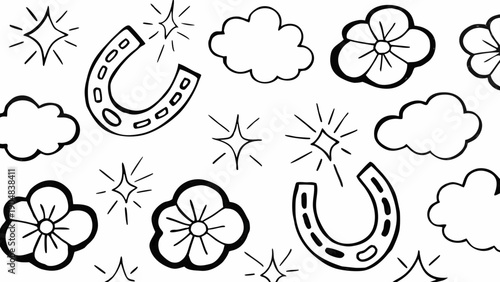Lucky black and white doodle with floating horseshoes flowers clouds and stars