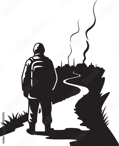 Man walking away from a polluted cityscape with smoke